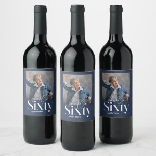 Modern minimal simple navy blue 60th birthday wine label