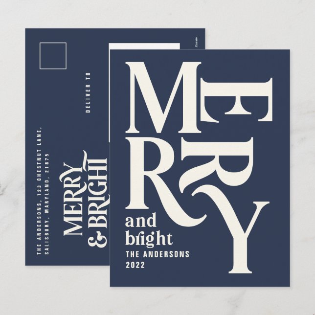 Modern minimal simple navy blue merry Christmas Holiday Postcard (Front/Back)