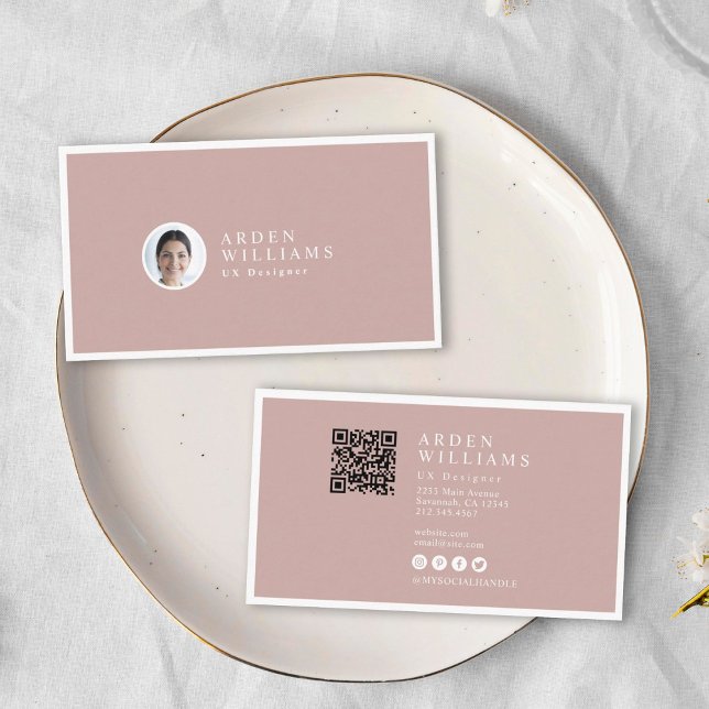 Modern Minimal Simple Professional QR code Photo Business Card (Two business cards on a white plate. The cards are pink with white text. One has a photo)