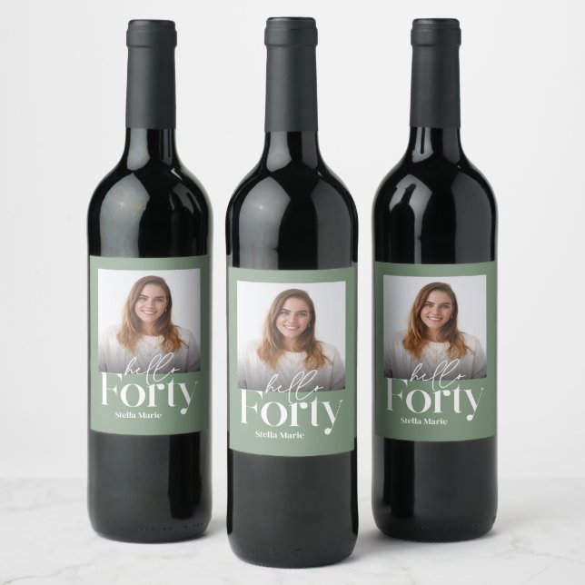 Modern minimal simple sage green 40th birthday wine label (Bottles)