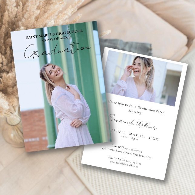 Modern Minimal Simple Script Graduation Party Invitation (Modern Minimal Simple Script Graduation Party Invitation - Front and Back)