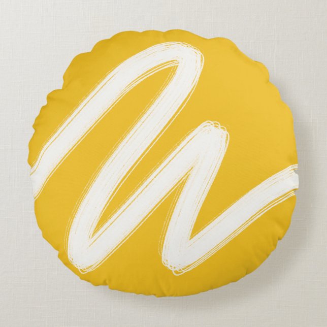 Modern Minimal Simple Squiggle Artsy Yellow White Round Cushion (Front)