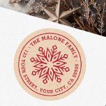 Modern minimal snowflake red Kraft return address Classic Round Sticker<br><div class="desc">Winter holiday return address label featuring a red,  modern,  minimal snowflake and your name and address on a printed image Kraft paper look background.</div>