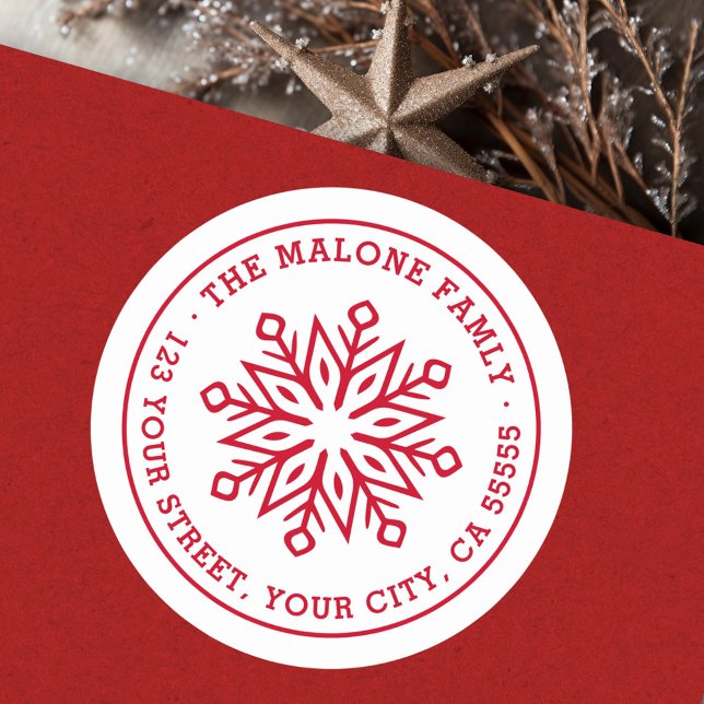 Modern minimal snowflake red return address classic round sticker (Modern minimal snowflake red return address classic round sticker)