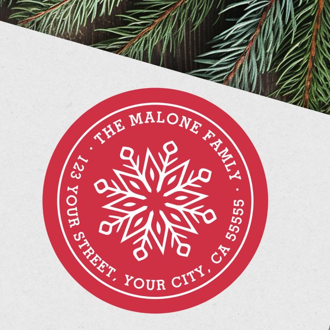 Modern minimal snowflake red return address classic round sticker (Modern minimal snowflake red return address classic round sticker)