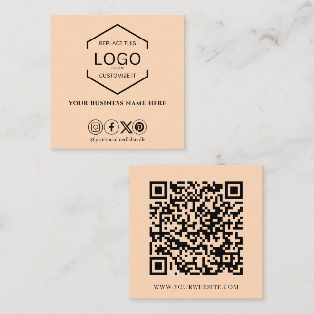 Modern Minimal Social Media QR Code Pale Peach Square Business Card (Front/Back)