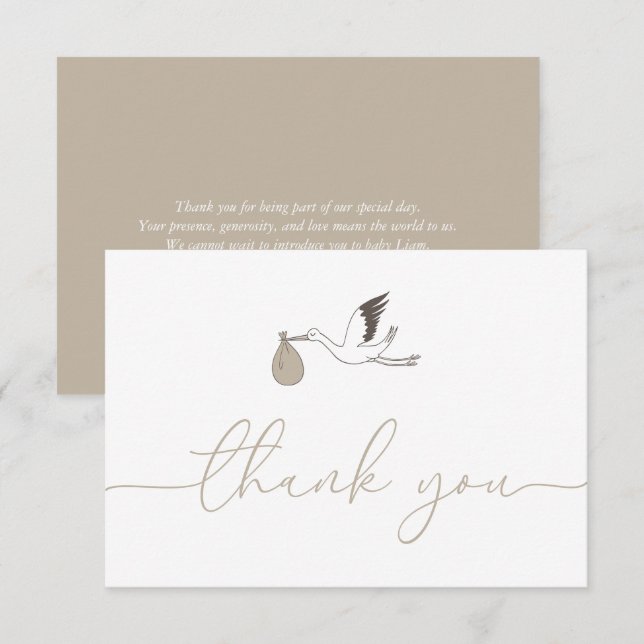 Modern Minimal Stork Baby Shower Thank You Card (Front/Back)