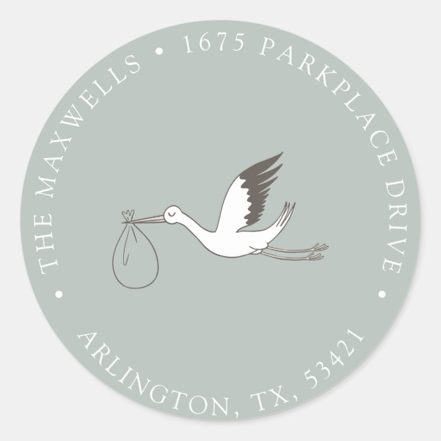 Modern Minimal Stork Return Address Classic Round Sticker (Front)