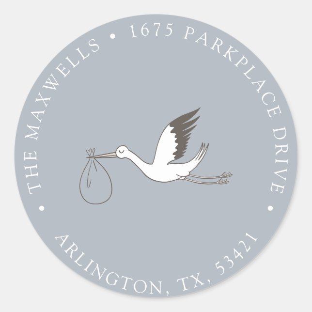Modern Minimal Stork Return Address Classic Round  Sticker (Front)