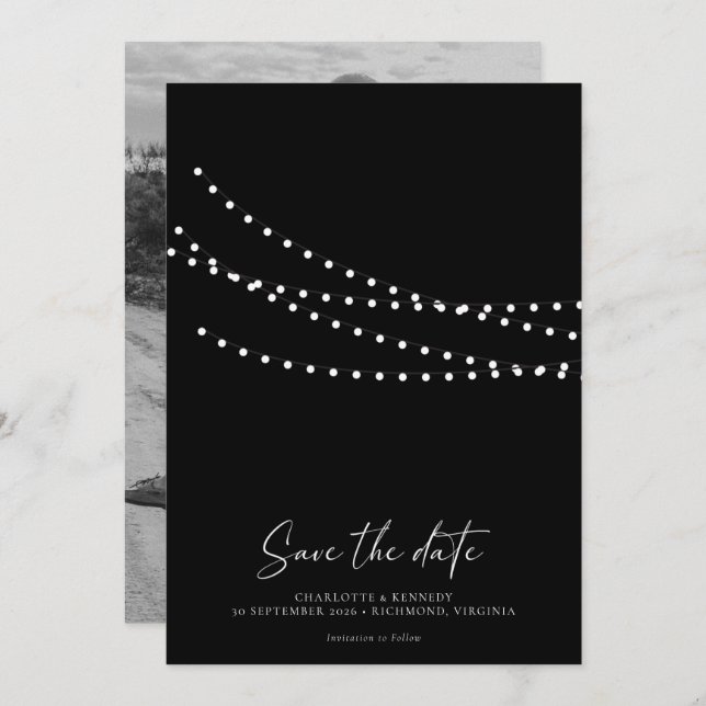 Modern Minimal String Lights Photo Save the Date  (Front/Back)