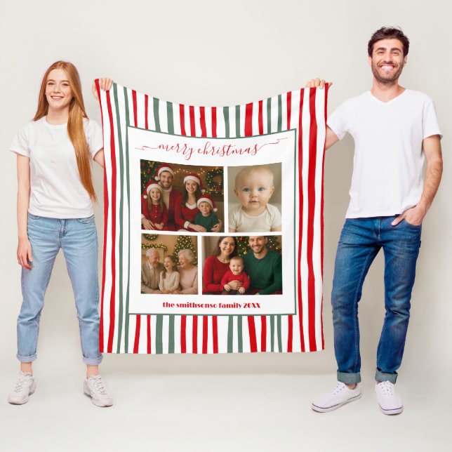Modern Minimal Stripe family Photo red Christmas Fleece Blanket (In Situ)