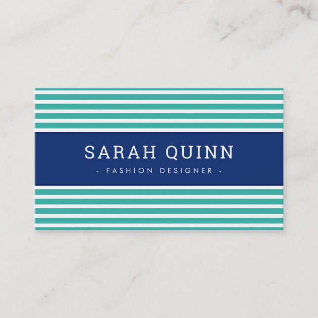 MODERN MINIMAL STRIPE jade green navy blue white Business Card (Front)