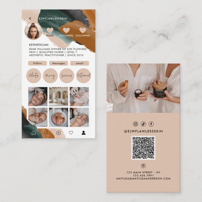 Modern minimal stylish multi photo QR CODE beige Business Card (Front/Back)