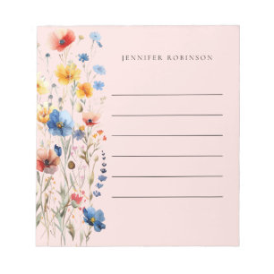 Modern Minimal Summer Wildflowers Name Blush Pink Notepad