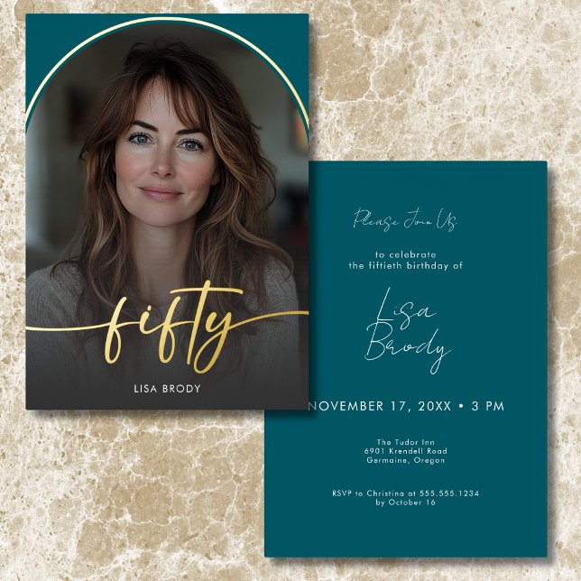 Modern Minimal Teal Arch Fiftieth Birthday (Modern Minimal Teal Arch Fiftieth Birthday Foil Invitation)