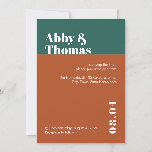 Modern Minimal Teal Copper Colorblock Wedding Invitation (Front)