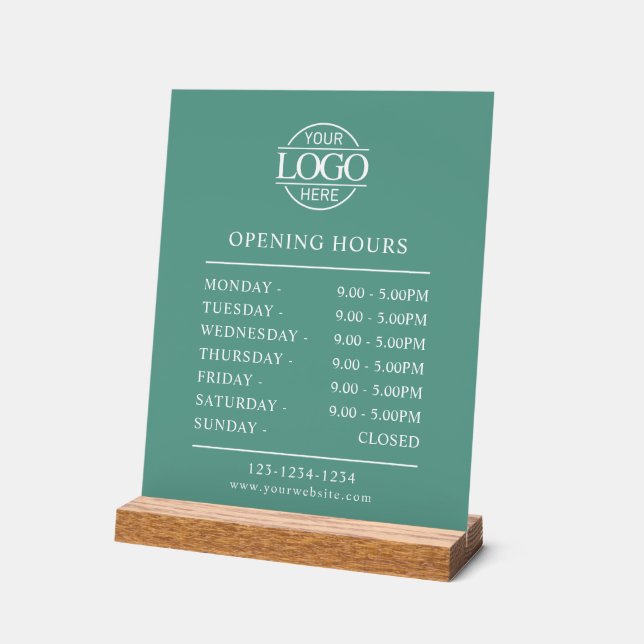 Modern Minimal Teal Green Business Opening Hours Acrylic Sign (Angle)