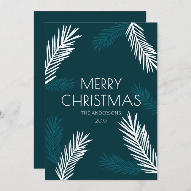 Modern Minimal Teal & White Spruce Christmas Holiday Card (Front/Back)