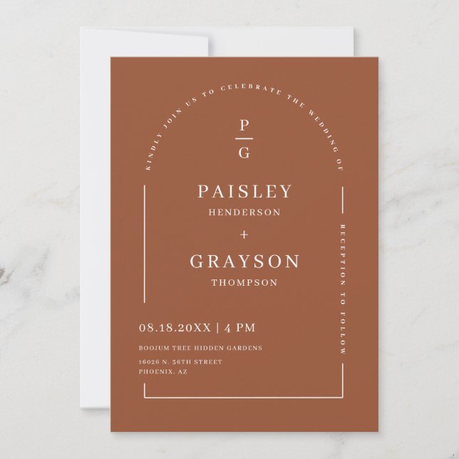 Modern Minimal Terracotta Arch QR Code Wedding Pho Invitation (Front)