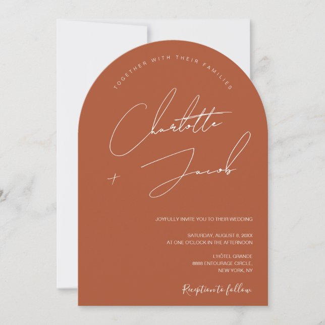 Modern minimal terracotta burn orange wedding invitation (Front)