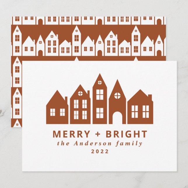 Modern minimal terracotta Christmas Nordic houses Holiday Card (Front/Back)