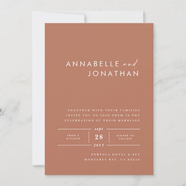 Modern minimal terracotta contemporary wedding invitation (Front)