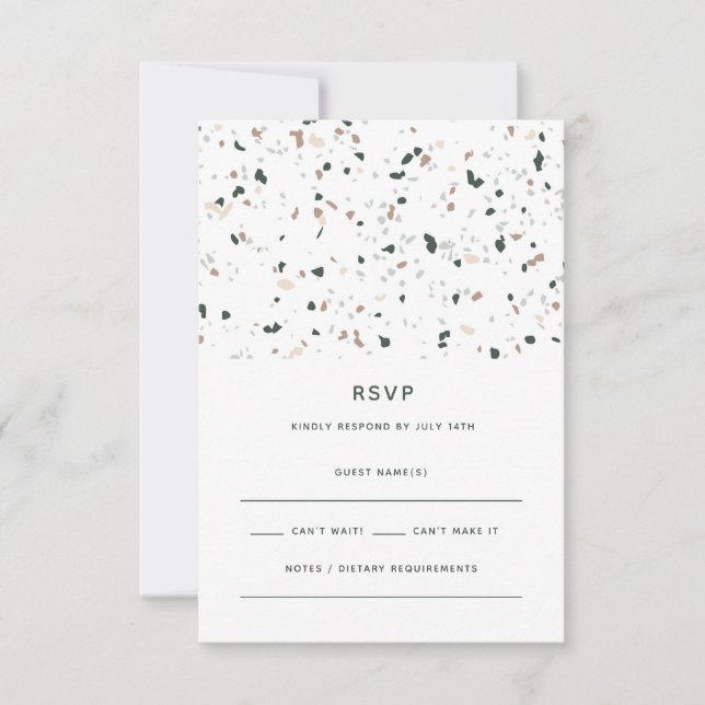 Modern Minimal Terrazzo Pattern Green Pink Wedding RSVP Card (Front)
