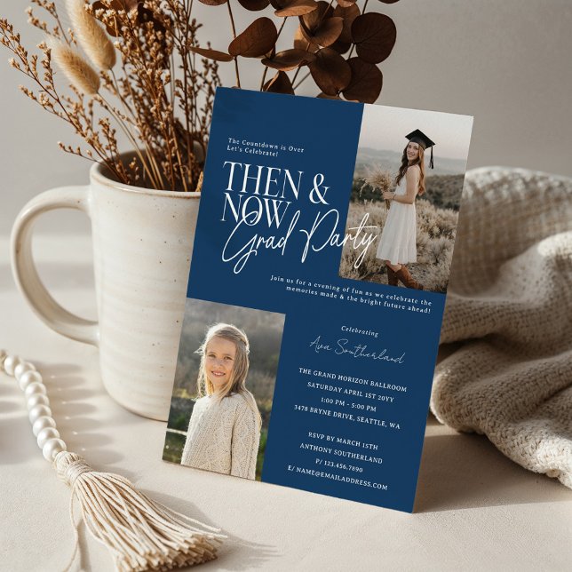 Modern Minimal Then & Now Graduation Party Photos Invitation (Modern Minimal Then & Now Graduation Party Photos Blue Invitation)