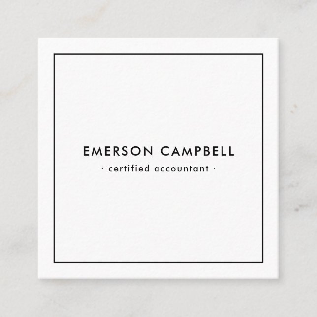 Modern minimal thin black border white square business card (Front)