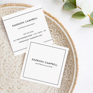 Modern minimal thin black border white square business card