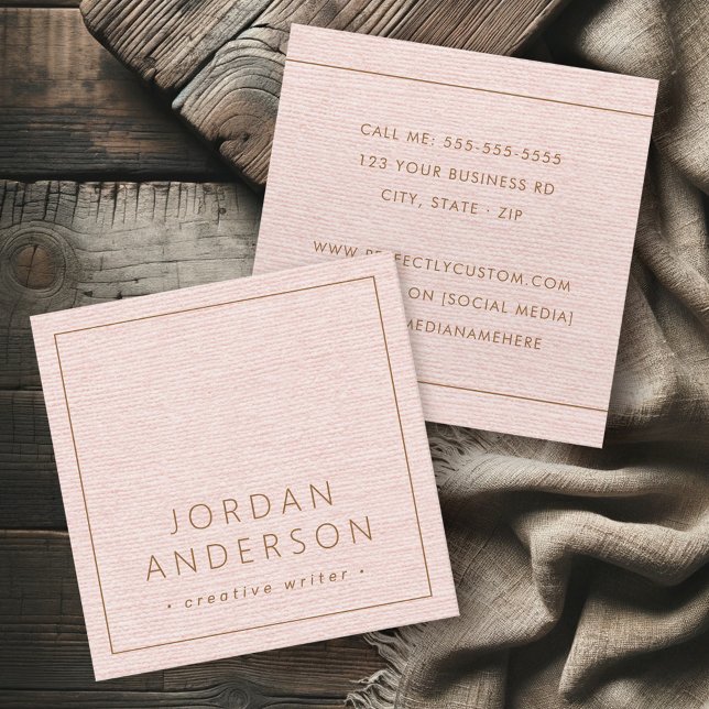 Modern minimal thin borders blush pink linen look square business card (Modern minimal thin borders blush pink linen look square business card)