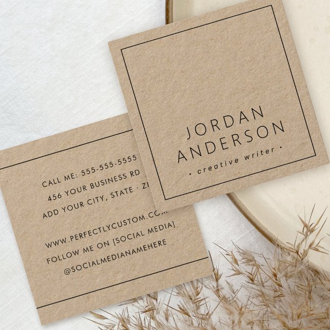 Modern minimal thin borders brown Kraft paper Square Business Card (Creator Uploaded)