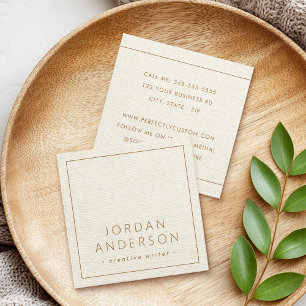 Modern minimal thin borders cream linen look square business card