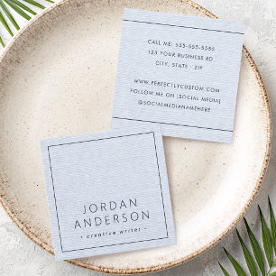Modern minimal thin borders dusty blue linen look square business card