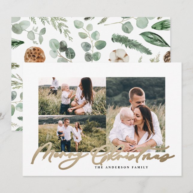 Modern minimal three photo christmas script family holiday card (Front/Back)