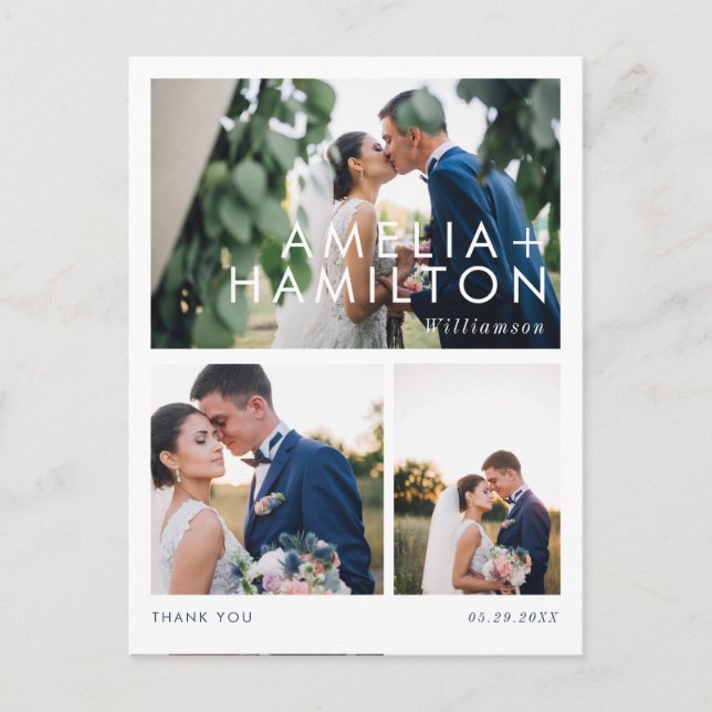 Modern Minimal Three Photo Wedding Thank You Postcard (Front)