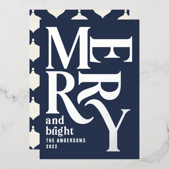 Modern minimal traditional merry Christmas blue Foil Holiday Card (Front/Back)