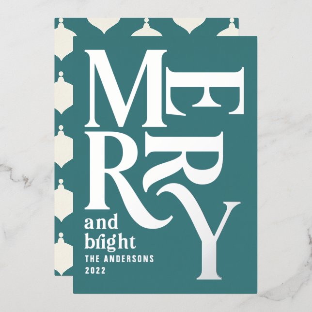 Modern minimal traditional merry Christmas teal Foil Holiday Card (Front/Back)