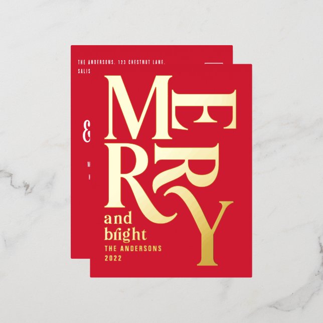 Modern minimal traditional red merry Christmas  Foil Holiday Postcard (Front/Back)