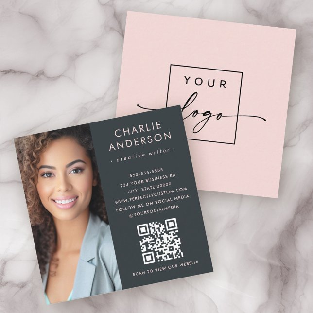 Modern minimal trendy pink grey photo square business card (Creator Uploaded)
