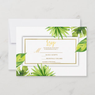 Modern Minimal Tropical Green Leaves Wedding RSVP