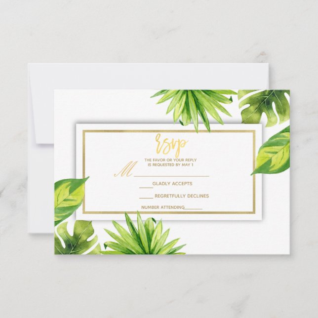 Modern Minimal Tropical Green Leaves Wedding RSVP Card (Front)