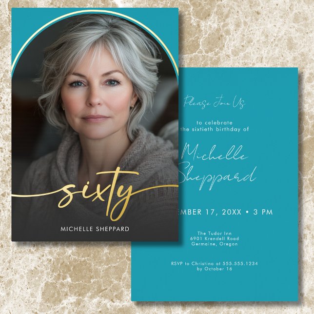 Modern Minimal Turquoise Arch Sixtieth Birthday (Modern Minimal Turquoise Arch Sixtieth Birthday Foil Invitation)