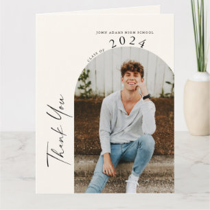 Modern Minimal Two Photo Beige Graduation  Thank You Card