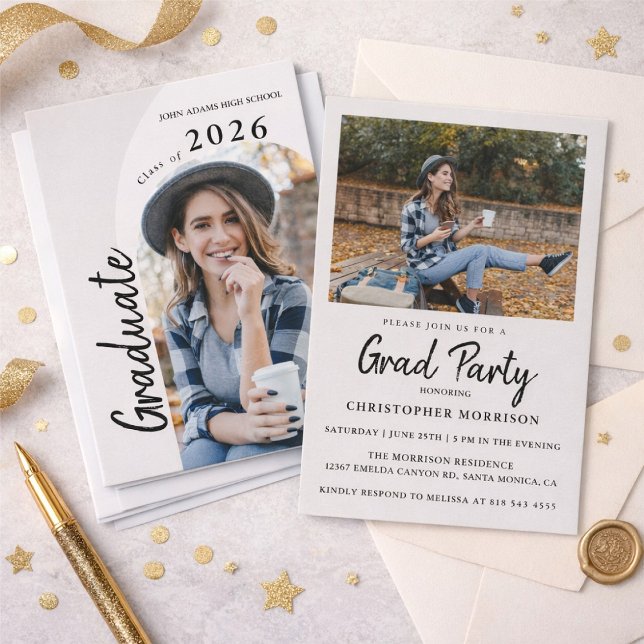 Modern Minimal Two Photo Graduation Party Invitation (Creator Uploaded)
