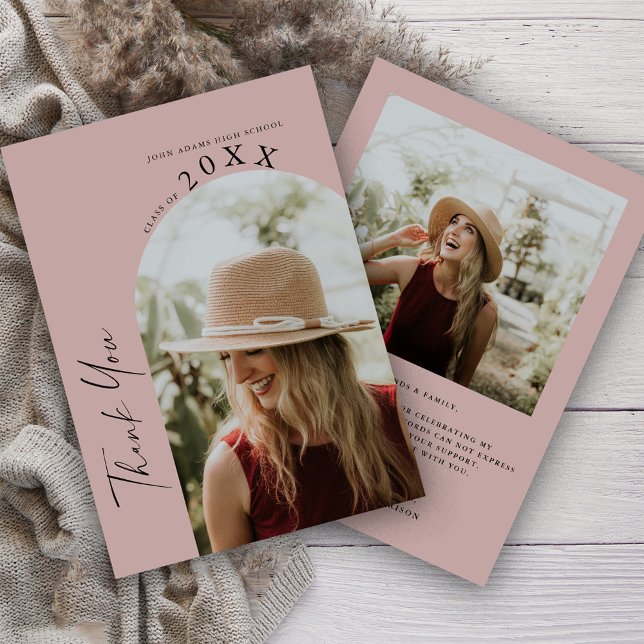 Modern Minimal Two Photo Handwritten Graduation  Thank You Card (Creator Uploaded)