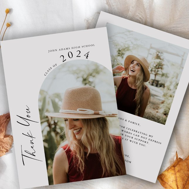 Modern Minimal Two Photo Handwritten Graduation  Thank You Card (Creator Uploaded)