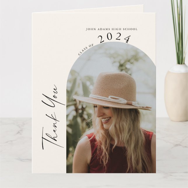 Modern Minimal Two Photo Handwritten Graduation  Thank You Card (Front)