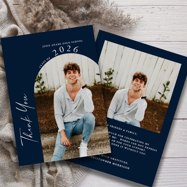 Modern Minimal Two Photo Navy Graduation  Thank You Card (Creator Uploaded)