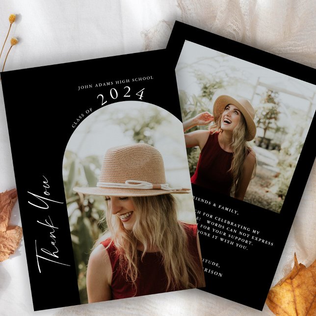 Modern Minimal Two Photo Script Graduation Thank You Card (Creator Uploaded)